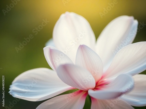 Soft focus on a delicate white flower with pink accents in a sunlit garden