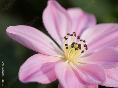Close-up of a delicate pink flower with soft petals and dark stamens
