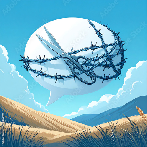 Scissors cutting barbed wire wrapped around a speech bubble in a field against a blue sky.