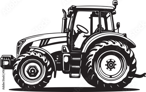 "A vintage black and white tractor vector silhouette showcasing a classic farm vehicle design in bold contrast.