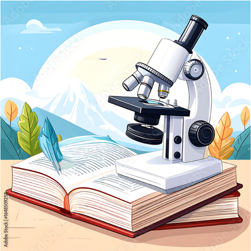 Microscope rests on open books, a quill pen nearby, against a serene mountain landscape backdrop.