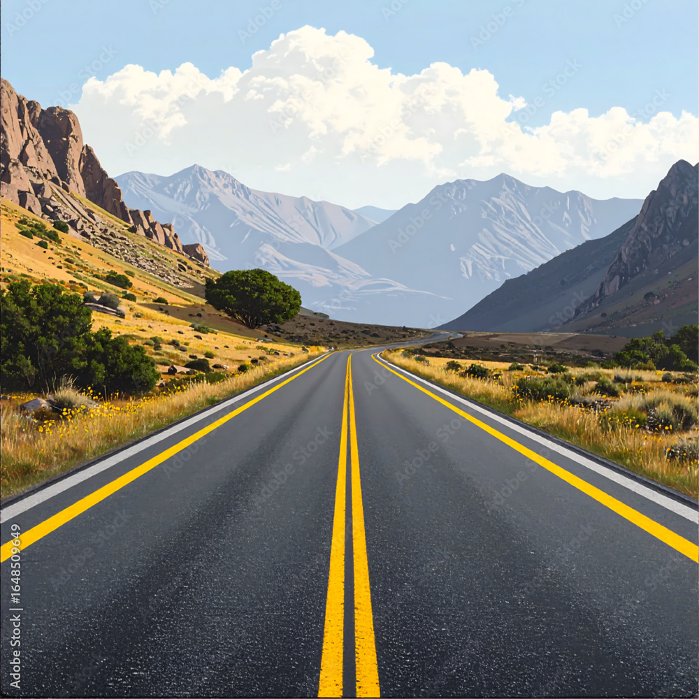 Fototapeta premium A straight asphalt road stretches into the distance, framed by mountains and scenic landscape.
