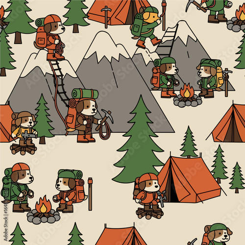 Amidst a whimsical wilderness of tents, trees, and towering peaks, a delightful pack of adventure-ready dogs embarks on a never-ending expedition of hiking, camping, and campfire stories.