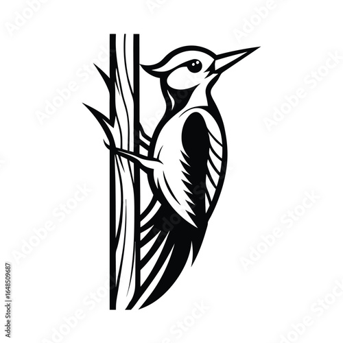 Detailed illustration of a woodpecker gripping a textured tree trunk with clean lines and vibrant colors