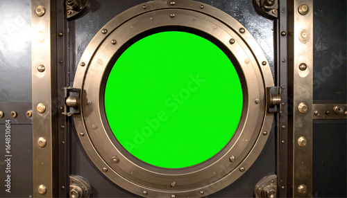 Ornate metal door with a large, solid green circle window.
