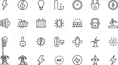 Collection of electrical and energy related icons in a grid layout electricity power