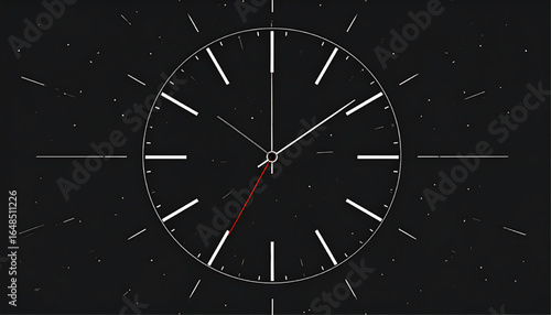 A minimalist clock design with white hands and markers against a dark background, showing time.