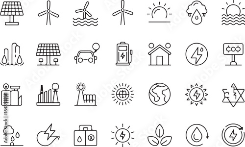 Array of renewable energy and environmental icons in a clean line art style solar panel wind turbine