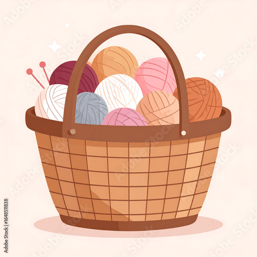 A wicker basket overflowing with colorful yarn balls, ready for knitting or crocheting.