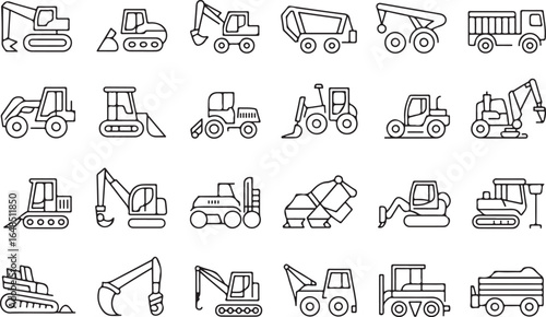 Diverse Construction and Heavy Machinery Line Art Icons excavator bulldozer