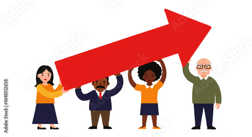 A diverse group of four people working together to hold up a large red arrow symbolizing growth and success.