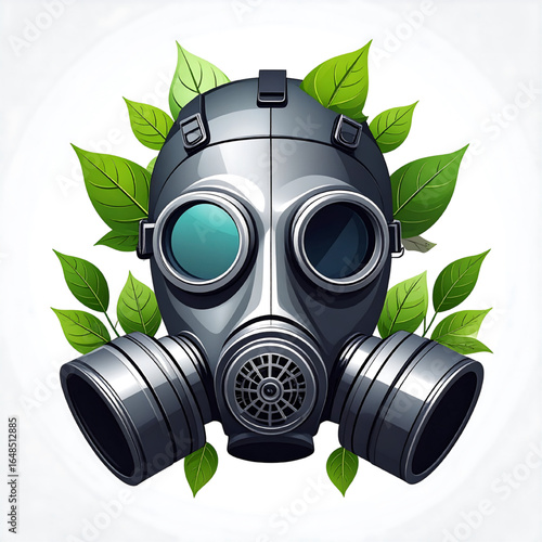 A stylized gas mask surrounded by vibrant green leaves, symbolizing environmental protection.