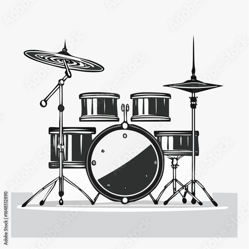 Black and white illustration of a drum set on a stage