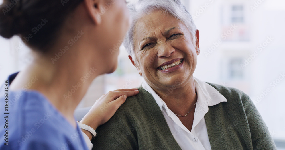 Obraz premium Caregiver, console and senior woman at house for consultation, assistance and medical results. Nurse, support and elderly person with healthcare advice, helping hand and patient diagnosis at homecare