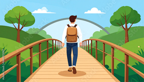A person with a backpack walks across a wooden bridge towards a scenic landscape.