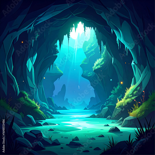 An illustration of a cave opening to a bright, blue-toned landscape with water flowing through, showing a sense of mystery and wonder.