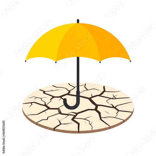 A yellow umbrella protects cracked earth, symbolizing drought protection.