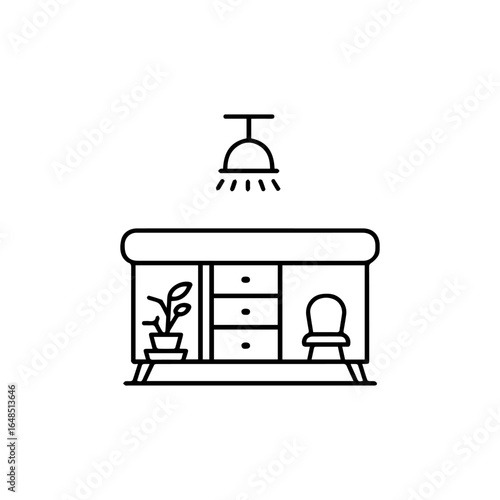 Line Art Illustration of a Desk Chair Plant and Light Fixture.