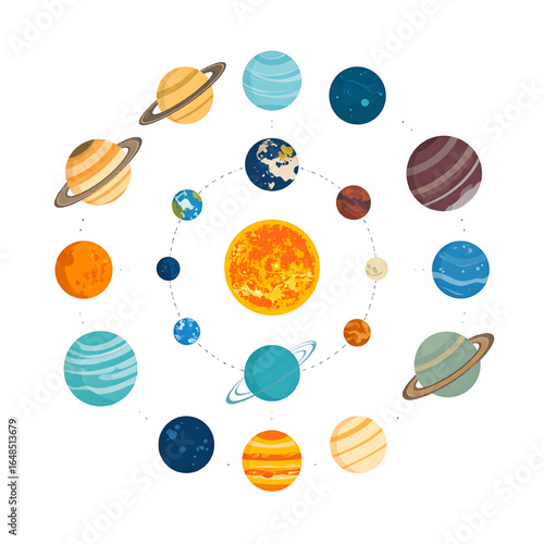 Colorful illustration of the solar system, showing planets orbiting the sun.
