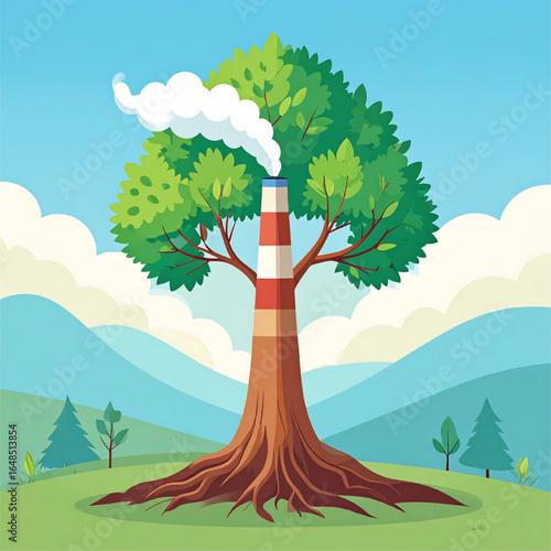 A large tree with a factory smokestack, symbolizing environmental issues.