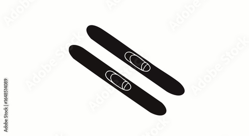 A pair of black skis with minimalist white bindings, shown in a clean, graphic style.