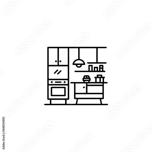 Minimalist kitchen outline featuring oven cabinets shelving and hanging lamp.