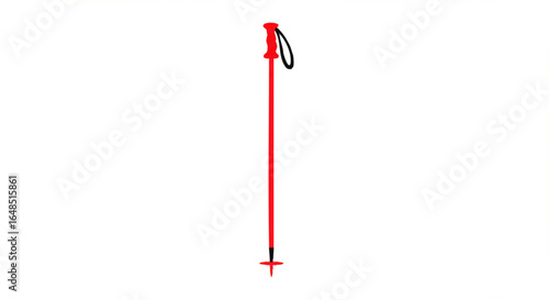 A single red ski pole with an ergonomic grip, black wrist strap, and a small snow basket.