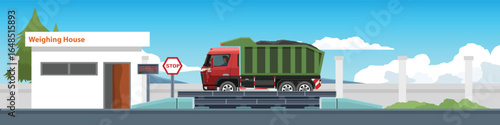 Horizontal view of garbage truck car on weight scales station. Station has a stop sign with digital weight display. Office building with fence wall. Background of mountains under blue sky.