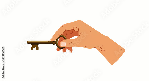 A stylized hand holding an old vintage brass skeleton key. Vector illustration with simple line details.