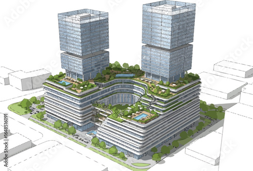 Futuristic architectural rendering of twin twisting skyscrapers with lush green terraces and modern urban development design