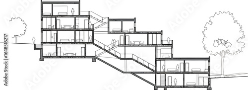 Architectural sectional drawing of a modern multi level building integrated into a sloped landscape with trees