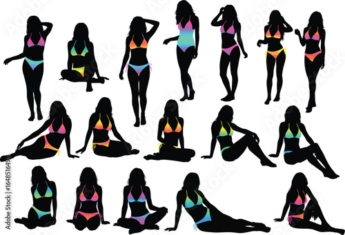 Collection of diverse female silhouettes posing in various swimsuits and beachwear against a white background