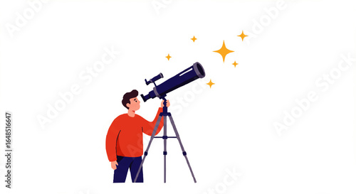 A young man in an orange sweater looks through a large blue telescope at sparkling yellow stars.