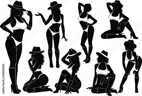Collection of eight stylized black silhouette figures of women wearing bikinis and cowboy hats in various dynamic poses