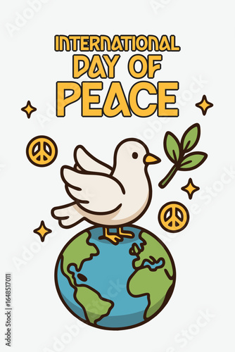 White dove carrying an olive branch over a globe surrounded by peace signs, symbolizing peace and unity across the world on International Day of Peace