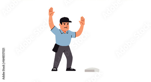 Angry cartoon baseball umpire in uniform with raised hands signaling a safe call.