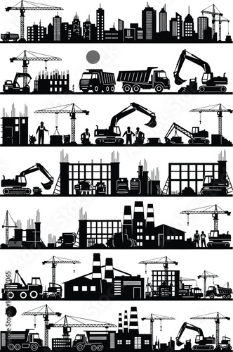 Detailed silhouette illustration showcasing a construction site with cranes excavators trucks and buildings in various stages of development