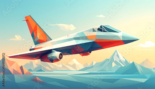 A low-poly fighter jet soars gracefully over a majestic, stylized mountain range at sunset.
