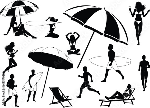 Collection of silhouetted figures enjoying a sunny day at the beach with umbrellas and loungers