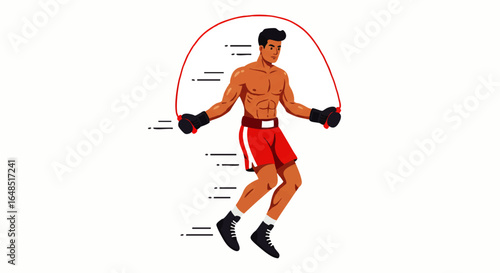 Athletic male boxer with a muscular torso jumping a red rope during a cardio workout.