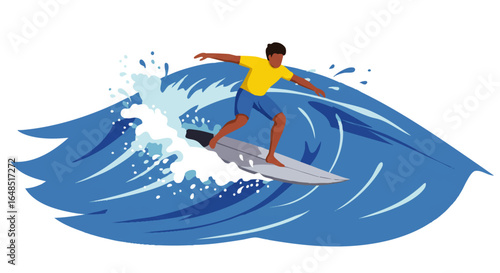 Athletic male surfer in a yellow shirt and blue shorts skillfully riding a large, stylized blue wave.