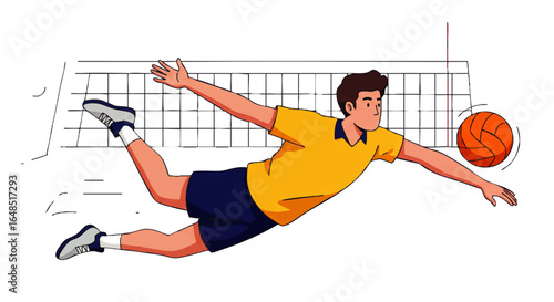 Athletic male volleyball player diving to hit orange ball over net