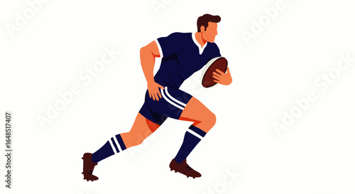 Athletic Rugby Player in Motion, Holding Oval Ball, Wearing Blue Uniform