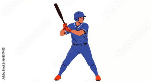 Baseball Player in Blue Uniform Batting, Focused Stance, Orange Gloves