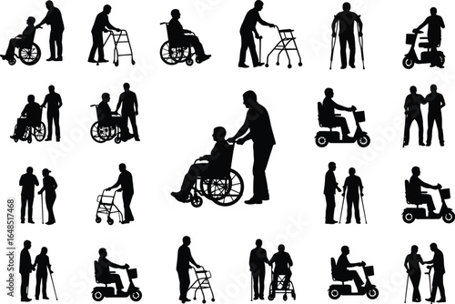 Collection of diverse silhouettes depicting people assisting elderly individuals with mobility aids like wheelchairs and walkers