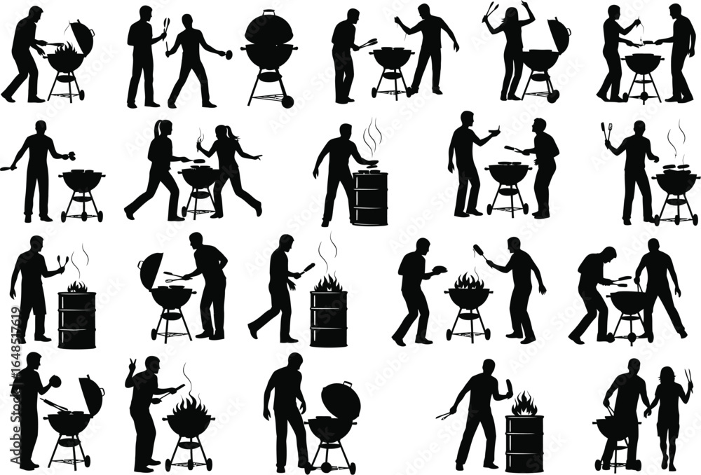 Obraz premium Collection of silhouettes of people enjoying barbecues and grilling outdoors with family and friends