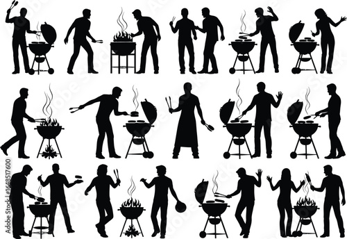 Diverse group of people silhouettes enjoying outdoor grilling and barbecue activities with charcoal grills