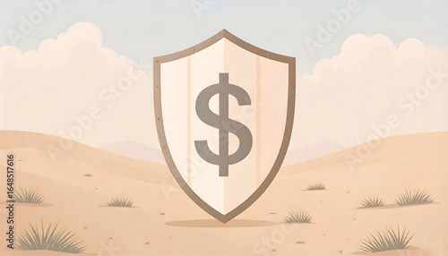 A shield with a dollar sign stands in a desert landscape, symbolizing financial protection.