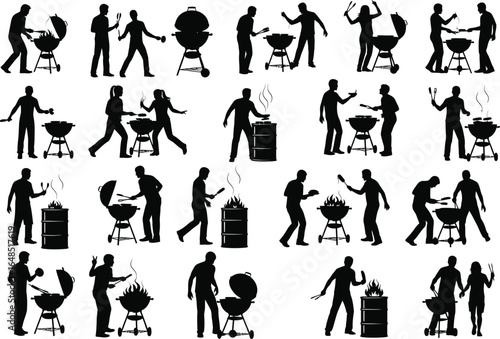 Collection of silhouettes of people enjoying barbecues and grilling outdoors with family and friends