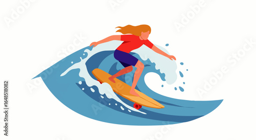Blonde-haired female surfer in a red shirt and blue shorts riding a large blue ocean wave.